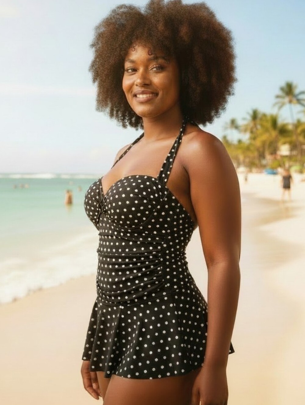 Rose‎ Marie Reid Swimsuit One-Piece Retro Halter Polka Dot Shirred Skirt Sz M